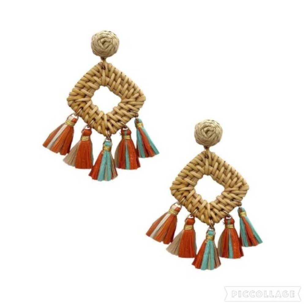 Diamond Braided‎ Rattan Raffia Tassel Earring - Picture 7 of 7